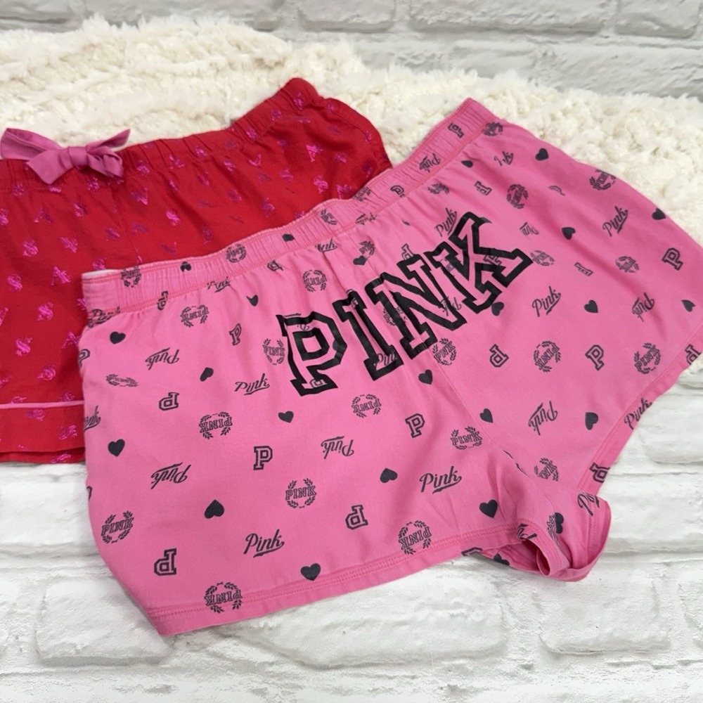 PINK Victoria's Secret Flannel Pajama Lounge Shorts Red Pink All Over Print Logo